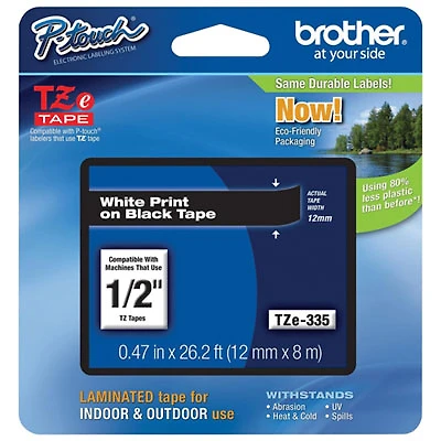 Brother 1/2" White on Black Label Tape (TZE335)
