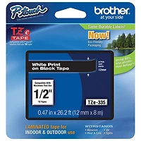 Brother 1/2" White on Black Label Tape (TZE335)