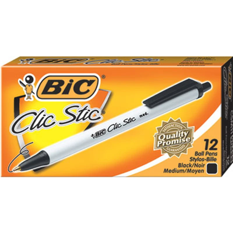 BIC Clic Stic Retractable Ballpoint Pen (BICCSM11BK) - 12 Pack - Medium - Black