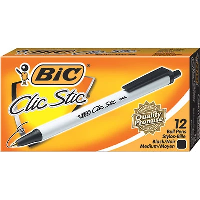 BIC Clic Stic Retractable Ballpoint Pen (BICCSM11BK) - 12 Pack - Medium - Black