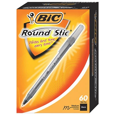 BIC Round Stic Ballpoint Pen (BICGSM609BK) - 60 Pack - Black