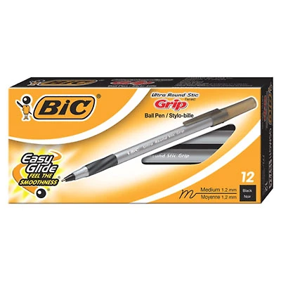 BIC Round Stic Comfort Grip Ballpoint Pen (BICGSMG11-BK) - 12 Pack - Black