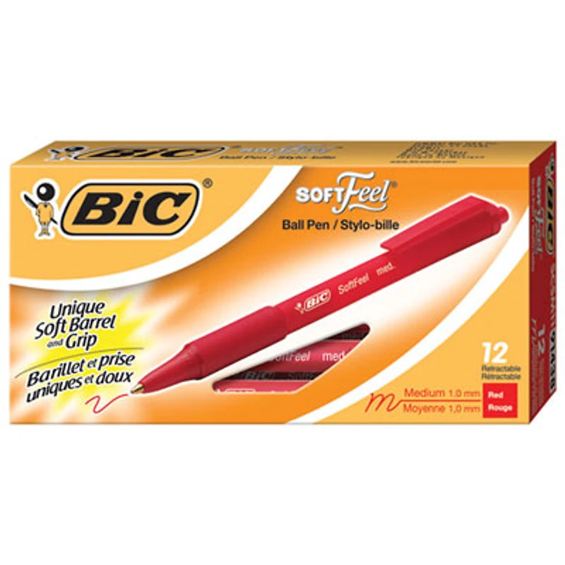 BIC SoftFeel Retractable Ball Point Pen (BICSCSM11RE) - 12 Pack - Red