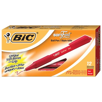 BIC SoftFeel Retractable Ball Point Pen (BICSCSM11RE) - 12 Pack - Red