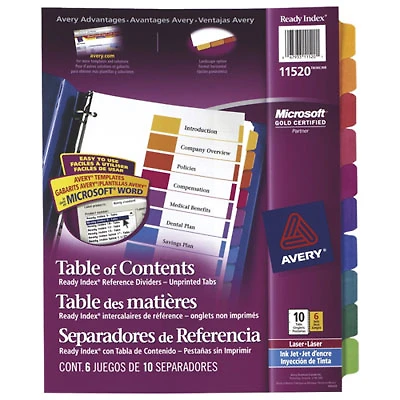 Avery Ready Index Table of Contents Tab Dividers (AVE11520) - 10 Tabs - 6 Pack - Assorted Colours