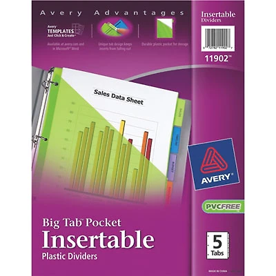 Avery Big Tab Pocket Insertable Plastic Tab Dividers (AVE11902) - 5 Tabs - Assorted Colours