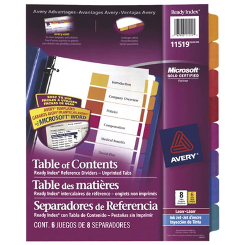 Avery Ready Index Table of Contents Tab Dividers (AVE11519) - 8 Tabs - 6 Pack - Assorted Colours
