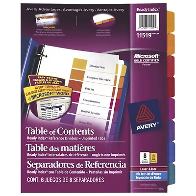 Avery Ready Index Table of Contents Tab Dividers (AVE11519) - 8 Tabs - 6 Pack - Assorted Colours