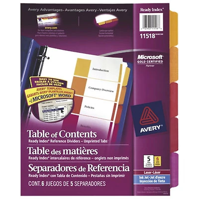 Avery Ready Index Table of Contents Dividers (AVE11518) - 5 Tabs - 6 Pack - Assorted Colours