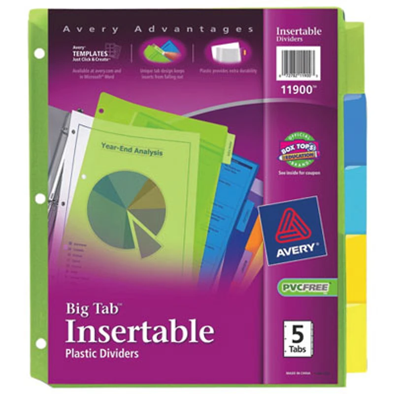 Avery Big Tab Insertable Plastic Dividers (AVE11900) - 5- Tabs - Assorted Colours