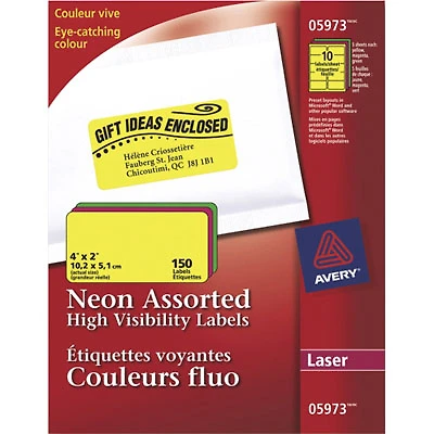 Avery 4" x 2" Neon Laser Labels (AVE05973) - 150 Pack - Assorted Colors