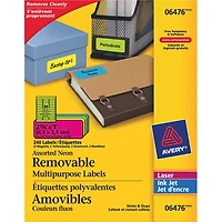 Avery 2 5/8" x 1" Removable Multipurpose Labels (AVE06476) - 240 Pack - Assorted Neon