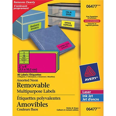 Avery 4" x 2" Removable Multipurpose Labels (AVE06476) - 80 Pack - Assorted Neon