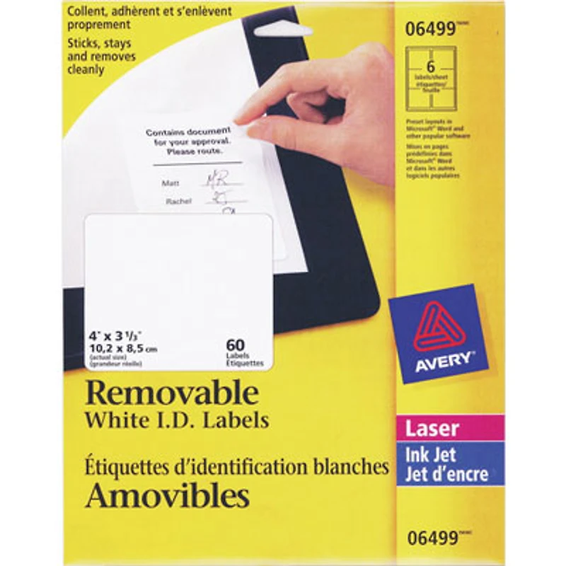 Avery 4" x 3 1/3" Removable I.D. Laser Labels (AVE06499) - 60 Pack - White