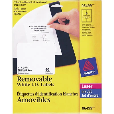 Avery 4" x 3 1/3" Removable I.D. Laser Labels (AVE06499) - 60 Pack - White
