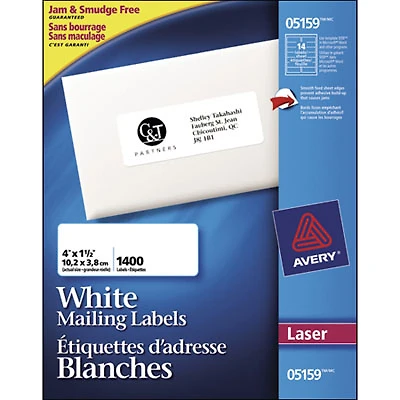 Avery 4" x 1-1/2" Laser Mailing Label (AVE05159) - 1400 Pack - White