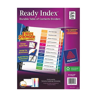 Avery Ready Index Table Of Contents Jan-Dec Dividers (AVE11127) - 12 Tabs - Assorted Colours