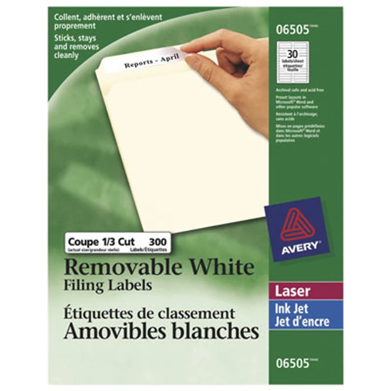 Avery Removable 2/3" x 3-7/16" Laser/Inkjet Filing Labels (AVE06505) - 300 Pack - White