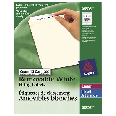 Avery Removable 2/3" x 3-7/16" Laser/Inkjet Filing Labels (AVE06505) - 300 Pack - White