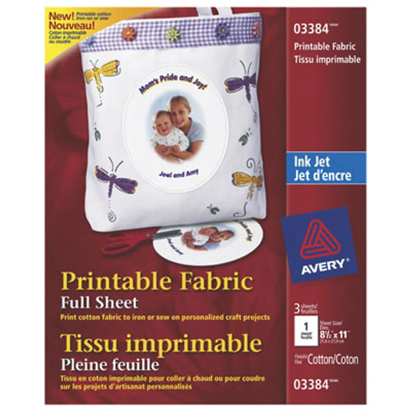 Avery Iron-On Printable Cotton Fabric for Inkjet Printers - 3 Sheets