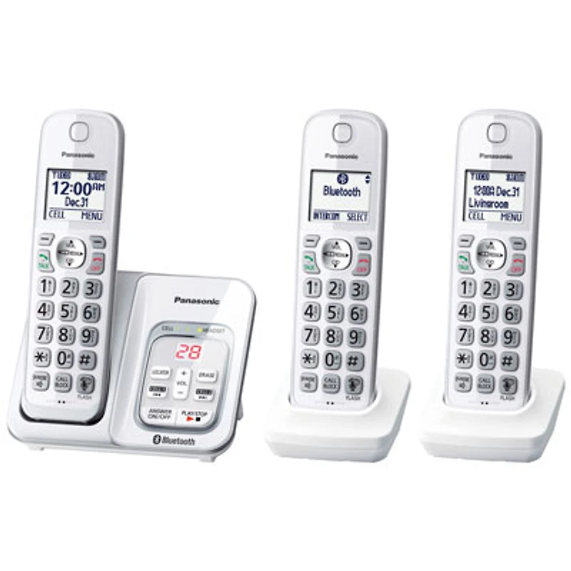 Panasonic Link2Cell 3-Handset DECT 6.0 Bluetooth Cordless Phone with Answering Machine (KXTGD593W)
