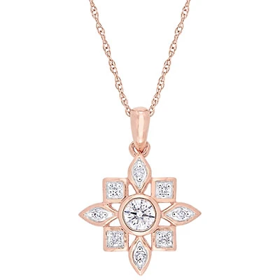 Floral Pendant in 10K Pink Gold with 0.33ctw Diamonds on a 17" Pink Gold Chain