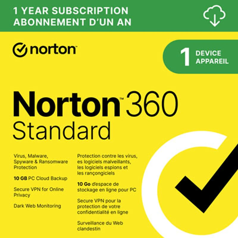 Norton 360 Standard (PC/Mac) - 1 Device - 10GB Cloud Backip - 1-Year Subscription - Digital Download