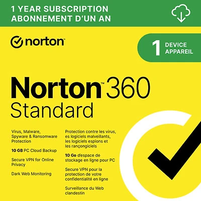 Norton 360 Standard (PC/Mac) - 1 Device - 10GB Cloud Backip - 1-Year Subscription - Digital Download