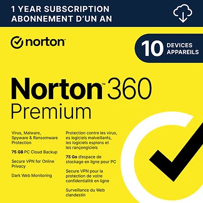 Norton 360 Premium (PC/Mac) - 10 Devices - 75GB Cloud Backup - 1-Year Subscription - Digital Download