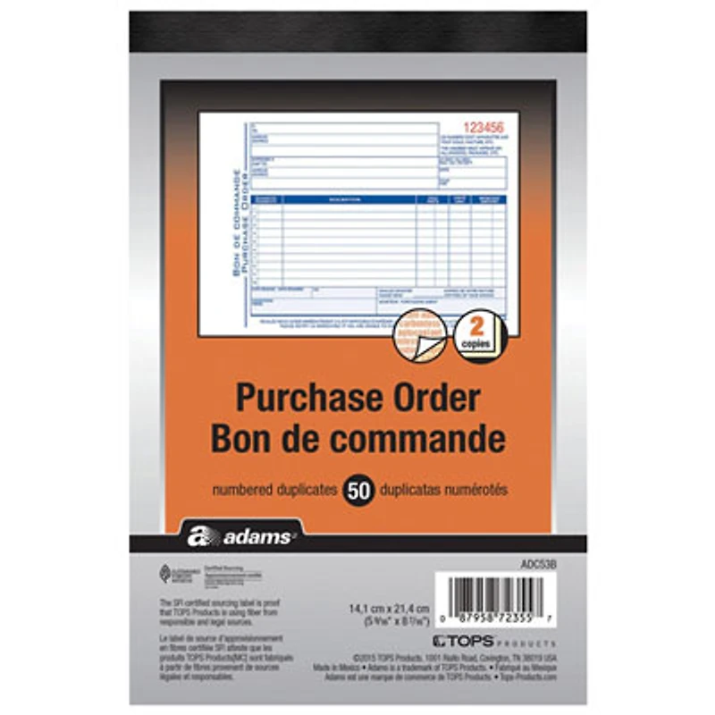 Adams Purchase Order Form - 50 Sheet(s) - 2 Part - 8.43" x 5.56" Form Size