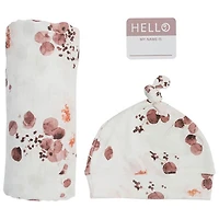 Lulujo Hello World Bamboo Swaddle & Hat - 0 to 4 Months - Eucalyptus