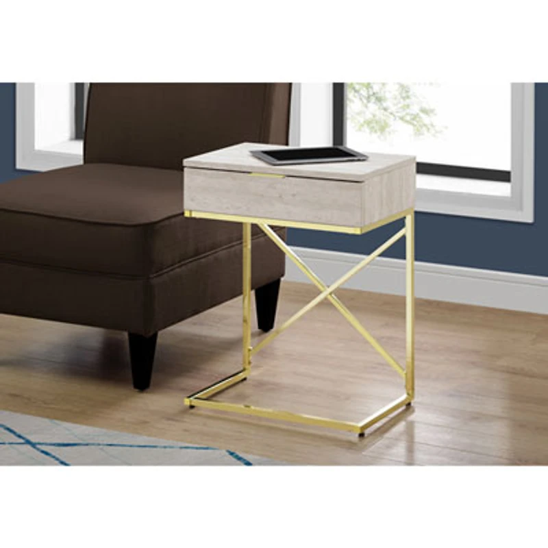 Monarch Modern Rectangular Accent End Table with Storage - Beige/Gold