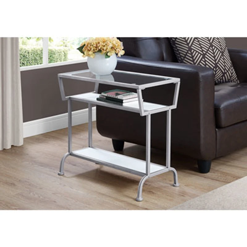 Monarch Modern Rectangular End Table With Tempered Glass Top and 2 Shelves - White