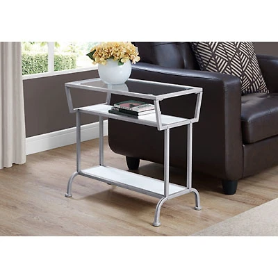 Monarch Modern Rectangular End Table With Tempered Glass Top and 2 Shelves - White