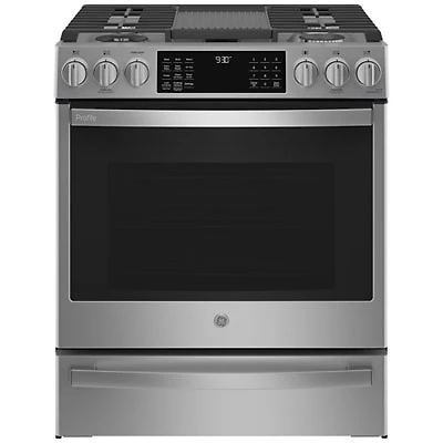 GE Profile 30" 5.7 Cu. Ft. True Convection Slide-In Gas Air Fry Range (PC2S930YPFS) - Stainless