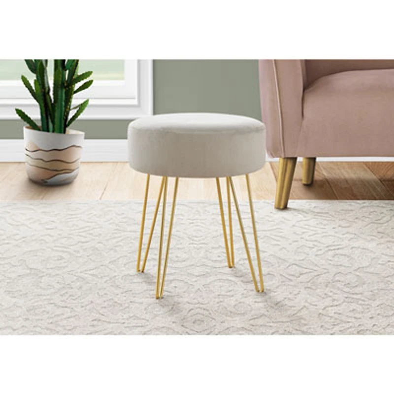 Monarch Round Hairpin-Leg Fabric Ottoman - Beige/Gold