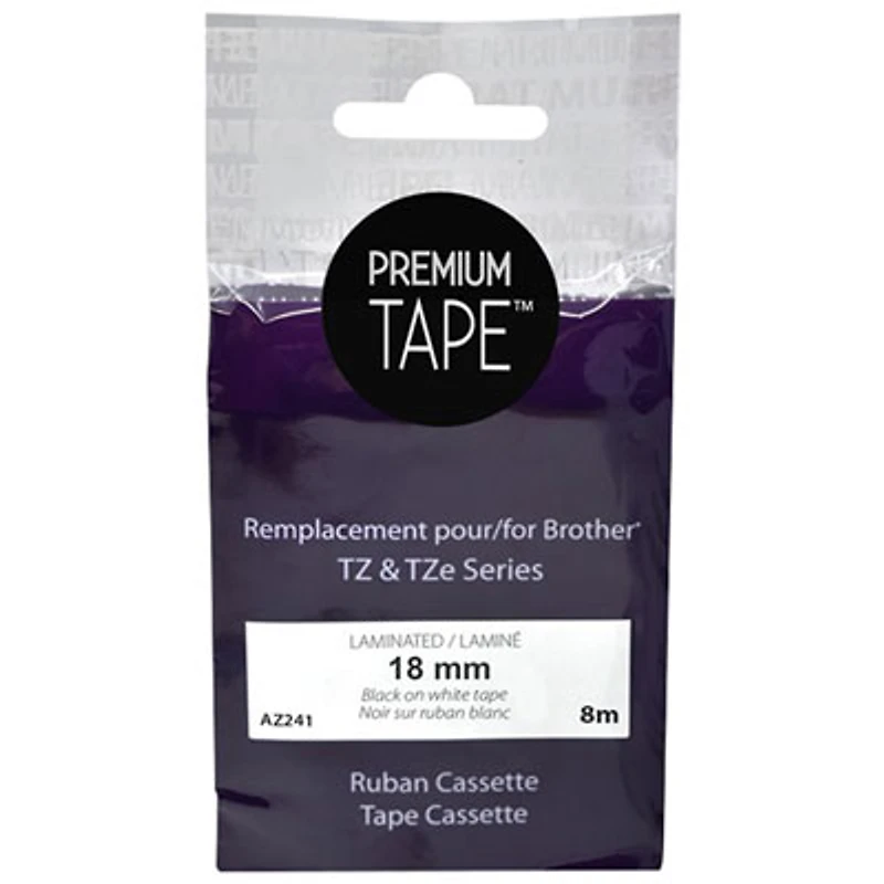 Premium Tone Laminated 18mm Black on White Tape Cassette for Brother TZ & TZe Series