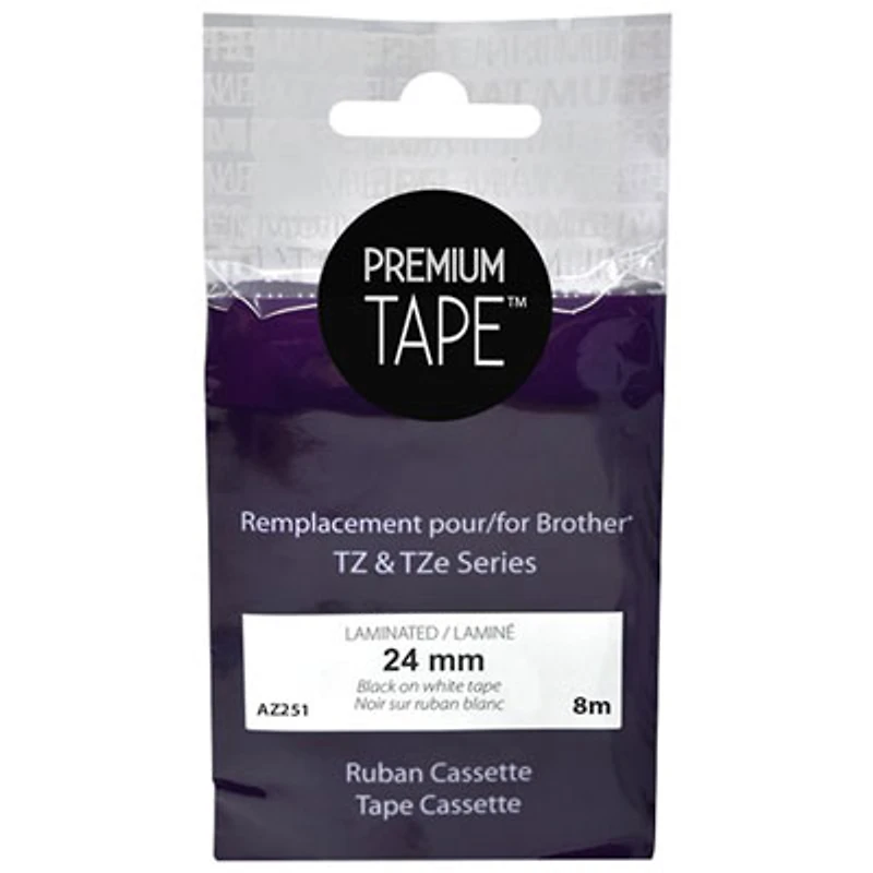 Premium Tone Laminated 24mm Black on White Tape Cassette for Brother TZ & TZe Series