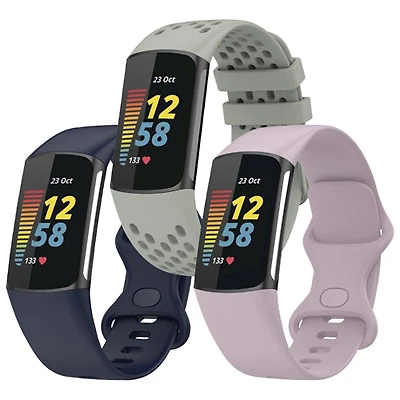 StrapsCo Silicone Strap for Fitbit Charge 5 - Lilac/Blue/Grey - 3 Pack