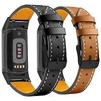 StrapsCo Leather Strap for Fitbit Charge 5 - Black/Brown with Black Adapter - 2 Pack