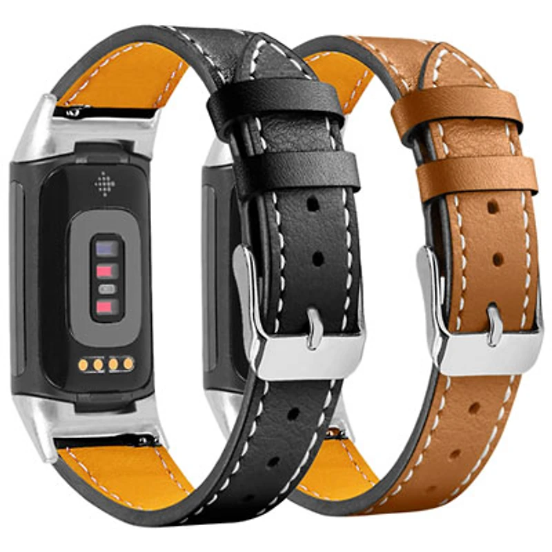 StrapsCo Leather Strap for Fitbit Charge 5 - Black/Brown with Silver Adapter - 2 Pack