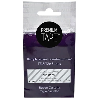 Premium Tape Laminated 12mm Black-on-Clear Tape Cassette for Brother TZ/TZe Series