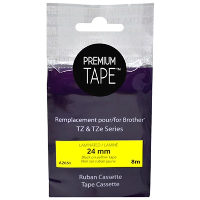 Premium Tape Laminated 24mm Black-on-Yellow Tape Cassette for Brother TZ/TZe Series
