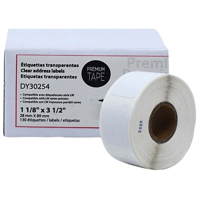 Premium Tape Clear Address Labels for Dymo LW - 1 1/8" x 3 1/2" - 130 Labels