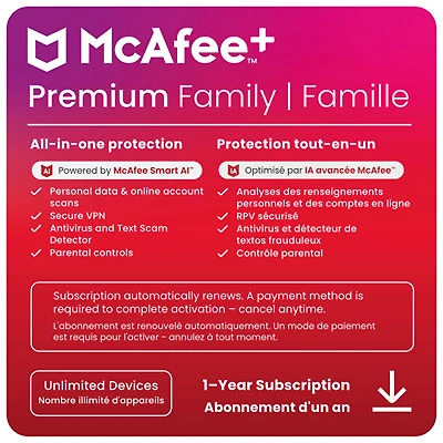 McAfee+ Premium Family (Windows/Mac/Android/iOS) - Unlimited Devices - 1 Year - Digital Download