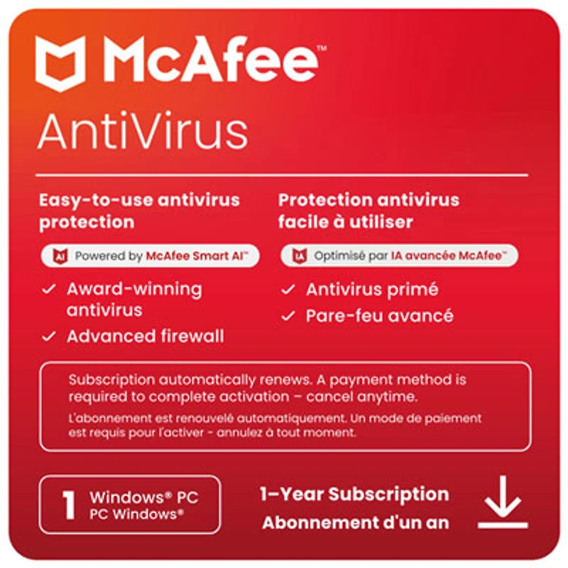 McAfee AntiVirus (Windows PC) - 1 Device - 1 Year - Digital Download