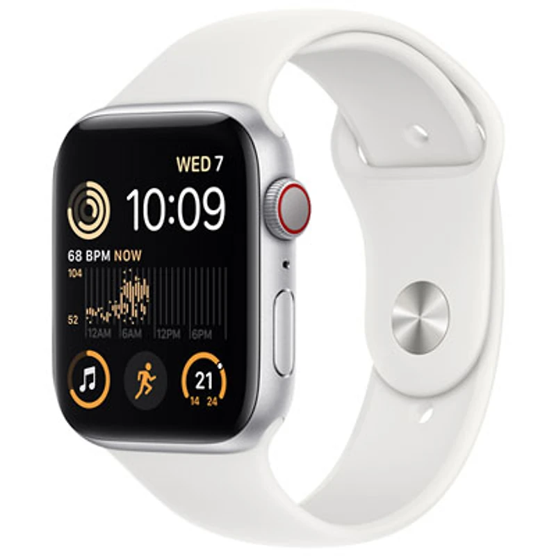 Bell Apple Watch SE (GPS + Cellular) 44mm Silver Aluminum Case w/ White Sport Band (2022) - Monthly Financing