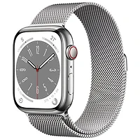 Rogers Apple Watch Series 8 (GPS + Cellular) 45mm Silver Stainless Steel Case with Silver Milanese Loop - M/L - Monthly Financing
