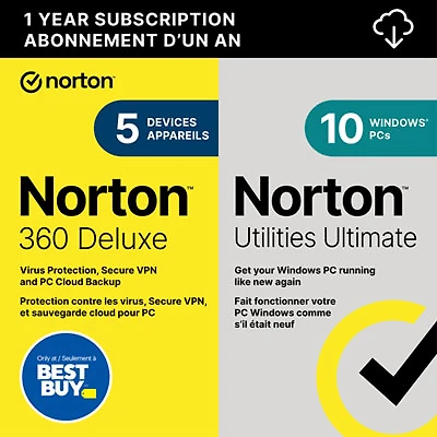 Norton 360 Deluxe with Norton Utilities Ultimate (PC/Mac) - 5 Devices - 1 Year - Digital Download