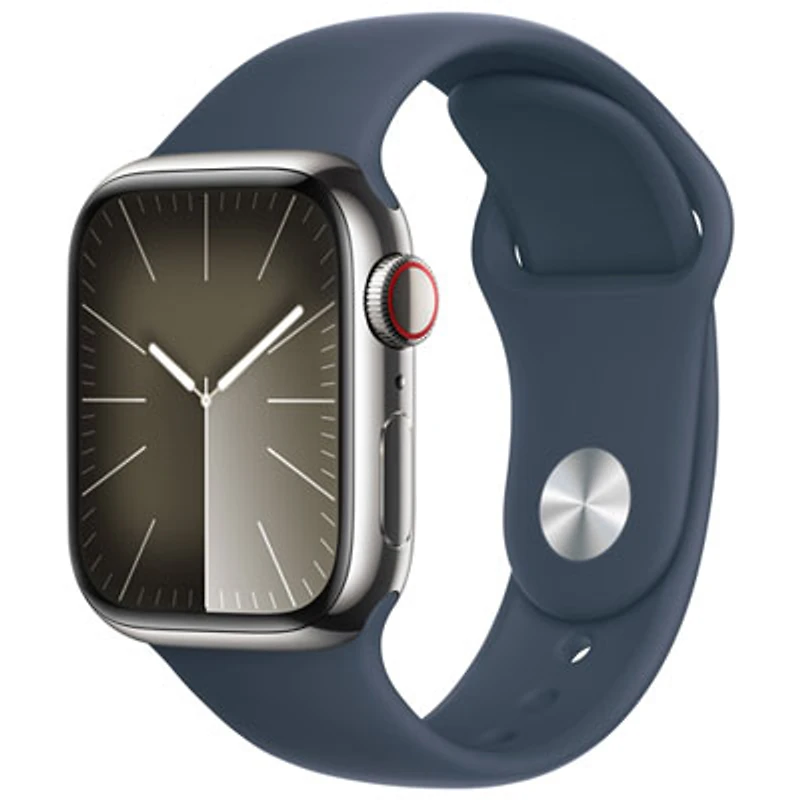 TELUS Apple Watch Series 9 (GPS + Cellular) 41mm Silver Stainless Steel Case w/ Storm Blue Sport Band - M/L - Monthly Financing